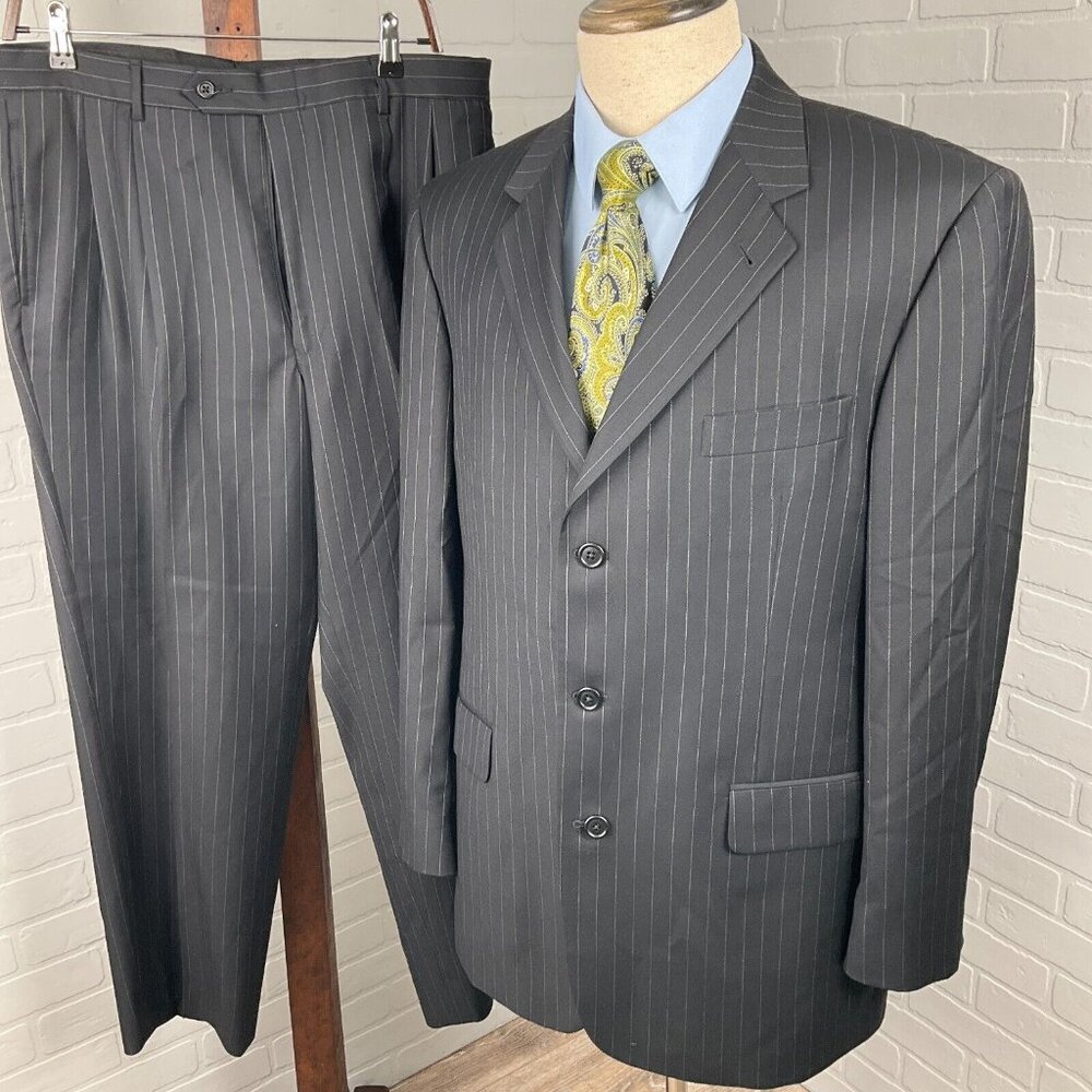 Stafford Suit Men 42R 34Wx28L‎ Black Chalkstripe Vital Barberis Canonico VTG